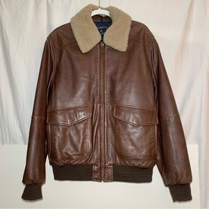 Brooks Brothers Dark Brown Leather Bomber Jacket Size L Morino Sheep’s Wool Neck
